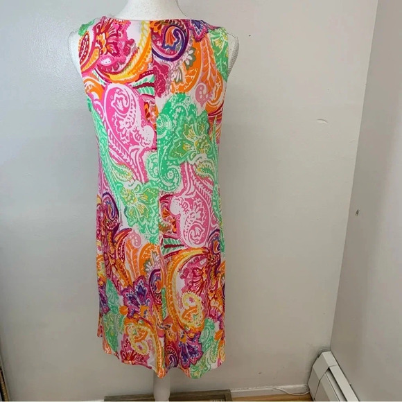 MSK Tropical Dress Small Pink Print A Line Above Knee  Stretch Knit Key Hole - Picture 5 of 11